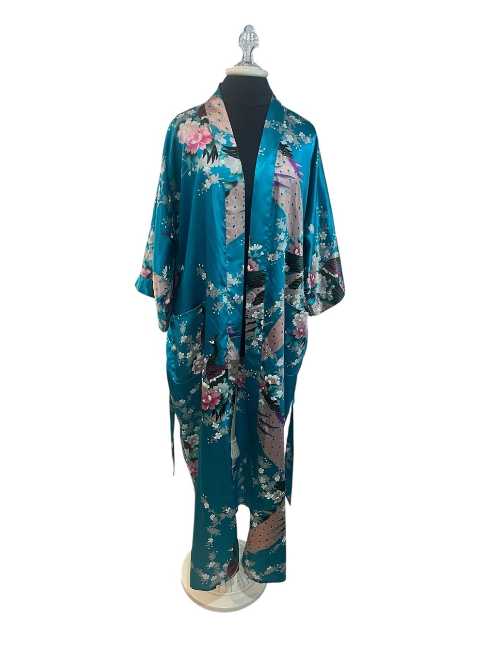 Vintage Old Shanghai Turquoise Peacock Print Poly Satin Kimono Robe XL